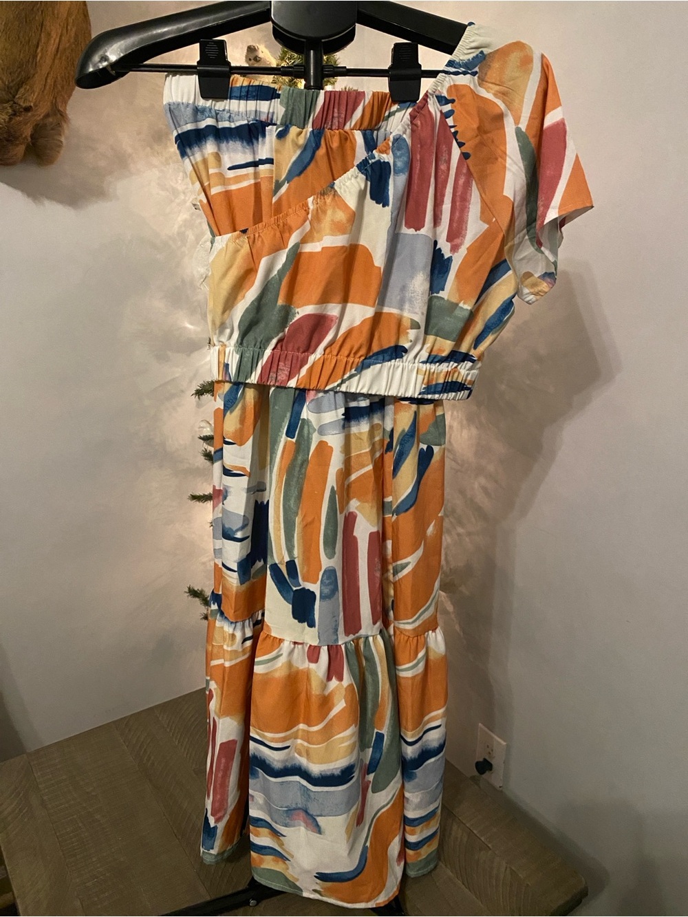 SHEIN One-Shoulder Abstract Print Maxi Dress - Orange, Blue, Green